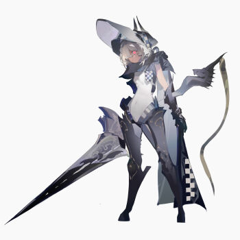 Rule 34 | 1girl, 4deung, absurdres, black boots, black cape, blonde hair, board game, boots, cape, chess, chess piece, commentary, english commentary, expressionless, glowing, glowing eyes, helmet, highres, holding, holding weapon, horns, knight (chess), leotard, looking at viewer, original, personification, polearm, red eyes, simple background, solo, thigh boots, weapon, white background, white hair, white leotard