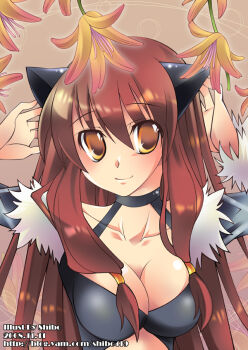 1girl 2000s_(style) arms_up black_tank_top breasts brown_background brown_hair cat_girl cleavage closed_mouth commentary dated detached_sleeves english_commentary flower fur-trimmed_sleeves fur_trim izumishibo long_hair looking_at_viewer medium_breasts ragnarok_online smile solo stalker_(ragnarok_online) tank_top upper_body watermark web_address yellow_eyes yellow_flower