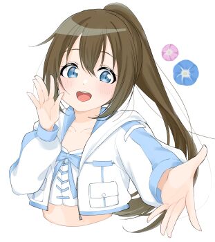 1girl :d absurdres blue_eyes blush brown_hair crop_top cropped_jacket cropped_torso cross-laced_clothes cross-laced_top flower highres jacket long_sleeves looking_at_viewer love_live! love_live!_nijigasaki_high_school_idol_club mochi_(15_ricecake) morning_glory open_clothes open_jacket open_mouth osaka_shizuku ponytail round1 simple_background smile solo white_background white_jacket