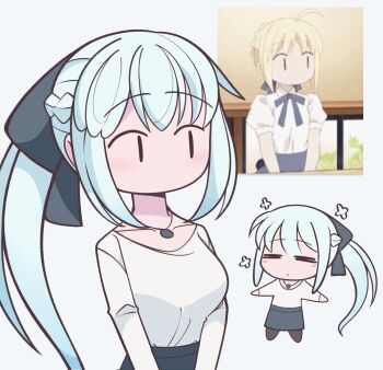 2girls artoria_pendragon_(fate) black_bow blonde_hair bow braid closed_eyes fate/grand_order fate_(series) hair_between_eyes hair_bow half_up_braid highres ichigo_berry jewelry long_hair morgan_le_fay_(fate) multiple_girls necklace ponytail saber_(fate) simple_background very_long_hair white_background white_hair