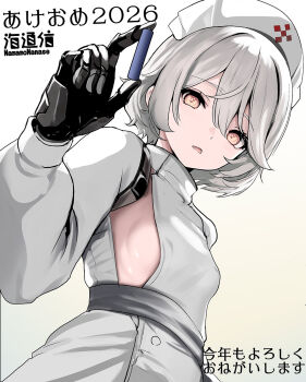 1girl breasts brown_eyes commentary_request dress gradient_background grey_background grey_hair hair_between_eyes hand_up hat highres holding namamo_nanase nurse nurse_cap nurse_robot_type_t ooarai_school_uniform parted_lips school_uniform sideboob small_breasts solo translation_request voicevox white_background white_dress white_hat
