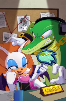 1boy 1girl absurdres animal_ears bat_ears bat_girl blue_eyes blue_eyeshadow brown_eyes chain chain_necklace colored_skin crocodile_boy elbow_gloves eyeshadow furry furry_female furry_male gloves green_skin headphones highres hikariviny indoors jewelry looking_at_another makeup necklace one_eye_closed open_mouth rouge_the_bat sonic_(series) sonic_the_hedgehog_(idw) vector_the_crocodile white_gloves