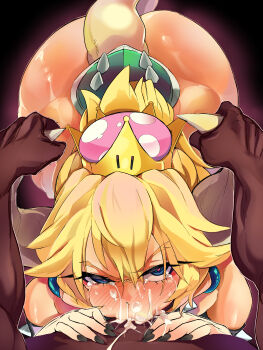 1boy 1girl absurdres angry armlet ass bad_id bad_pixiv_id black_nails blonde_hair blue_eyes blush bowsette breasts crown cum cum_in_mouth cum_in_nose cum_on_body cum_overflow curvy dark-skinned_male dark_skin deepthroat earrings facial fellatio frown hair_between_eyes heart heart-shaped_pupils hetero highres horn_grab horns huge_ass interracial irrumatio jewelry large_breasts looking_at_viewer mario_(series) nail_polish new_super_mario_bros._u_deluxe nintendo nose_blush nude oral ponytail rape saliva scowl shiny_skin simple_background spiked_shell spiked_tail spikes super_crown sweat symbol-shaped_pupils tail tears top-down_bottom-up turtle_shell uncensored wwwazxc