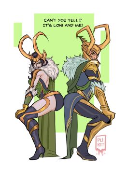 1boy 1girl absurdres ass black_hair cape closed_mouth green_eyes highres horns lady_loki loki_(marvel) long_hair long_sleeves male_focus marvel marvel_rivals simple_background smile tazahan