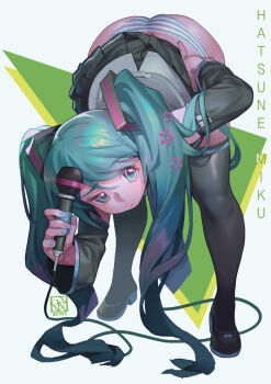 1girl ass bent_over blue_eyes blue_hair blue_nails hair_ornament hatsune_miku highres long_hair microphone nail_polish panties poch4n raised_eyebrow simple_background skirt solo star_(symbol) striped_clothes striped_panties thighhighs twintails underwear vocaloid watermark wire