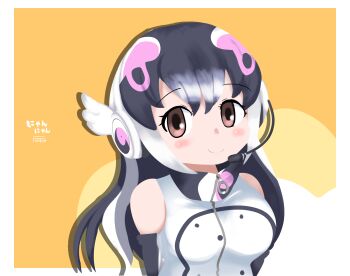 1girl african_penguin_(kemono_friends) bare_shoulders black_hair blush brown_eyes elbow_gloves futo_utsu gloves headphones highres hood hoodie kemono_friends kemono_friends_v_project long_hair looking_at_viewer microphone multiple_girls penguin_girl simple_background sleeveless solo upper_body virtual_youtuber yellow_background zipper