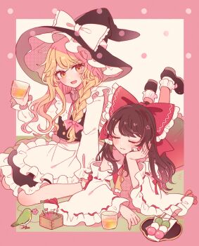 2girls black_dress black_shoes blonde_hair blush brown_hair closed_eyes cup dress frilled_dress frills hair_ribbon hakurei_reimu hat highres kirisame_marisa long_hair mozukuzu_(manukedori) multiple_girls open_mouth pink_ribbon red_dress red_ribbon ribbon shoes smile touhou white_ribbon witch yellow_eyes