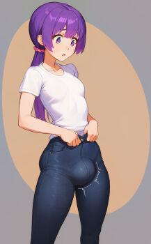 1futa breasts bulge buttoning cowboy_shot denim futanari hair_ornament hair_scrunchie highres inconvenient_penis jeans original pants ponytail purple_eyes purple_hair scrunchie shirt short_sleeves skinny_jeans small_breasts solo t-shirt white_shirt zoryc