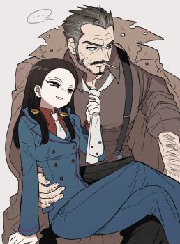 ... 1boy 1girl ace_attorney ace_attorney_investigations ace_attorney_investigations:_miles_edgeworth arm_hair black_eyes black_hair black_pants blue_jacket blue_pants brown_coat brown_shirt calisto_yew coat coat_on_shoulders collared_shirt commentary_request crossed_legs facial_hair freckles grey_background highres jacket korean_commentary lollipop_in_mouth long_hair long_sleeves neckerchief necktie pants red_shirt shirt shiryoku_kensa simple_background sleeves_rolled_up spoken_ellipsis suspenders sweat torn_clothes tyrell_badd white_neckerchief white_necktie