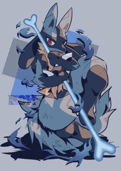 1other absurdres black_fur blue_fur body_fur bone closed_mouth furry gen_4_pokemon highres holding holding_bone looking_at_viewer lucario nintendo pokemon pokemon_(creature) pokemon_focus red_eyes rushin solo spikes tail yellow_fur
