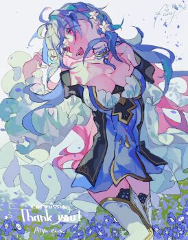 1girl blue_flower blue_hair breasts brown_choker choker cleavage commentary_request commission cowboy_shot detached_sleeves dress flower frilled_choker frills hair_flower hair_ornament head_back highres indie_virtual_youtuber large_breasts long_hair off-shoulder_dress off_shoulder open_mouth pansy purple_dress red_eyes shimizu_aiyu shinjitsu_no_kuchi skeb_commission smile solo thighhighs virtual_youtuber white_background white_flower white_sleeves white_thighhighs