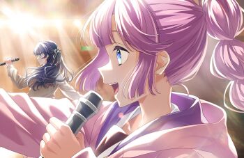 2girls :d anyoji_hime blue_eyes brown_cardigan brown_dress cardigan closed_mouth dress from_side game_cg hasu_no_sora_school_uniform highres holding holding_microphone hood hooded_jacket jacket link!_like!_love_live! lone_nape_hair long_sleeves love_live! microphone multi-tied_hair multiple_girls murano_sayaka neckerchief non-web_source official_art open_clothes open_jacket open_mouth outstretched_arm pink_hair pink_jacket ponytail profile red_neckerchief sailor_collar sailor_dress school_uniform sidelocks smile virtual_youtuber white_sailor_collar winter_uniform