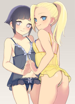 2girls aged_down ass babydoll bare_arms bare_shoulders black_babydoll black_hair black_panties blonde_hair blue_eyes blunt_bangs breasts collarbone commentary_request commission crotchless crotchless_panties earrings gluteal_fold grey_background grey_eyes highres holding_hands hyuuga_hinata jewelry lingerie loli long_hair multiple_girls naruto_(classic) naruto_(series) nipples panties pearl_thong ponytail pussy see-through_clothes short_hair shoulder_blades simple_background skeb_commission small_breasts smile ukokkei underwear yamanaka_ino yellow_babydoll yellow_panties
