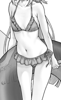 0zwn1 1girl armpit_crease arms_at_sides bikini breasts commentary_request cowboy_shot frilled_bikini frills greyscale head_out_of_frame innertube korean_commentary monochrome navel original small_breasts solo standing stomach string_bikini swim_ring swimsuit