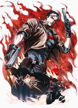 1boy 55_(26166616757) bat_signal batman_(series) batman_symbol black_bodysuit black_gloves black_hair blue_eyes bodysuit brown_jacket dc_comics gloves grey_bodysuit highres jacket jason_todd male_focus mask multicolored_bodysuit muscular muscular_male open_clothes pants red_hood_(dc) red_hood_and_the_outlaws red_mask short_hair superhero_costume taut_bodysuit two-tone_bodysuit