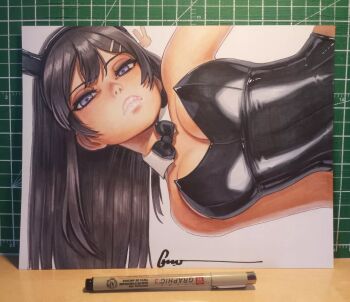 1girl animal_ear_hairband animal_ears artist_name bare_shoulders black_bow black_bowtie black_hair black_hairband black_leotard blue_eyes bow bowtie breasts closed_mouth detached_collar fake_animal_ears hair_ornament hairband hairclip half-closed_eyes hanging large_breasts leotard lips long_hair looking_at_viewer omar_dogan photo_(medium) playboy_bunny rabbit_ear_hairband rabbit_ears rabbit_hair_ornament sakurajima_mai seishun_buta_yarou signature simple_background solo strapless strapless_leotard thick_lips third-party_source traditional_bowtie traditional_media upper_body white_background