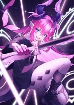 1girl baseball_bat black_boots black_shirt black_socks black_tail blue_eyes body_markings boots colored_fingertips commentary curled_horns diamond_(shape) dragon_girl dragon_horns dragon_tail ear_piercing elizabeth_bathory_(fate) elizabeth_bathory_(perfect)_(fate) elizabeth_bathory_(perfect)_(first_ascension)_(fate) fang fate/grand_order fate_(series) hair_between_eyes highres holding holding_baseball_bat horn_piercing horns kneehighs lace-up_boots leg_up legwear_garter light_particles long_hair looking_to_the_side nail_(hardware) nail_bat no_pants open_mouth papukin piercing pink_hair pointy_ears purple_horns shirt short_sleeves single_legwear_garter skin_fang smile socks solo t-shirt tail twitter_username two_side_up