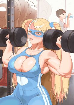 1boy 2girls absurdres blonde_hair blue_eyes blue_unitard breasts breath caprara cleavage cleavage_cutout clothing_cutout domino_mask exercising eye_mask headband highres kasugano_sakura large_breasts long_hair mask multiple_girls muscular muscular_female muscular_male rainbow_mika red_headband simple_background street_fighter twintails zangief