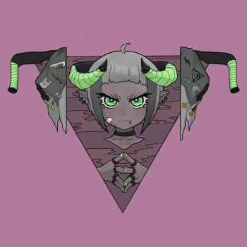 1girl black_choker blunt_bangs bright_pupils choker commentary_request cropped_head dark_skin ear_piercing face_piercing green_eyes handlebar highres horns jewelry lip_piercing looking_at_viewer original own_hands_together piercing pink_background pointy_ears post_(shake_shakepost) ring short_eyebrows short_hair steepled_fingers triangle white_pupils