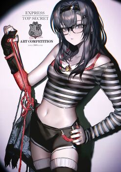 1girl absurdres alternate_costume arknights arm_up bare_shoulders bespectacled black-framed_eyewear black_gloves black_hair black_hairband black_nails black_shirt black_shorts black_thighhighs blush bra chinese_commentary closed_mouth collarbone commentary_request cowboy_shot crop_top cropped_shirt earrings fingerless_gloves glasses gloves grey_eyes grscubes hair_between_eyes hair_ornament hair_over_shoulder hairband hairclip hand_on_own_hip highres jewelry long_hair long_sidelocks looking_at_viewer midriff nail_polish navel priestess_(arknights) red_bra shadow shirt short_shorts shorts sidelocks single_glove single_sleeve striped_clothes striped_shirt symbol-shaped_pupils thighhighs underwear white_shirt