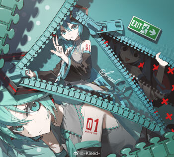 Rule 34 | aqua eyes, aqua hair, aqua nails, aqua necktie, black sleeves, chinese commentary, commentary request, detached sleeves, exit sign, grey shirt, hatsune miku, headset, kieed, long hair, necktie, number tattoo, shirt, sleeveless, sleeveless shirt, tattoo, twintails, very long hair, vocaloid, zipper, zipper pull tab