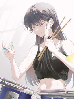 1girl bandaid bandaid_on_finger bandaid_on_hand bang_dream! bang_dream!_it's_mygo!!!!! black_hair black_tank_top breasts closed_mouth clothes_lift commentary drum drum_set drumsticks hand_up holding holding_drumsticks instrument lifting_own_clothes long_hair medium_breasts midriff mole mole_under_eye navel purple_eyes rhapsode shiina_taki shirt_lift solo sweat tank_top