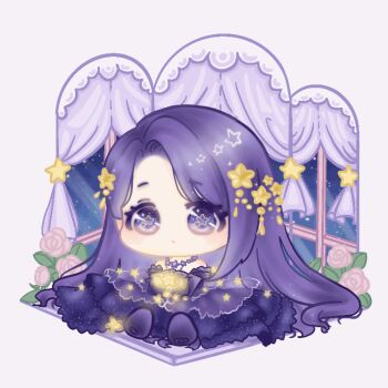 1girl animated animated_gif bare_shoulders beads blinking chibi chinese_commentary commentary_request dress elbow_gloves expressionless eyelashes flower frilled_gloves frills gloves gown grey_background hair_beads hair_ornament hair_spread_out holding holding_star indoors jewelry leaf light_blush long_dress long_hair looping_animation meteor_shower necklace night night_sky nikki_(series) parted_bangs parted_lips pink_flower pink_rose print_dress purple_dress purple_eyes purple_gloves purple_hair purple_shoes rose shining_nikki shoes simple_background sitting sky solo star_(sky) star_(symbol) star_hair_ornament star_in_eye star_necklace star_print star_sea_(nikki) starry_sky starry_sky_print strapless strapless_dress symbol_in_eye tareme very_long_hair window xiaoyu_qixing