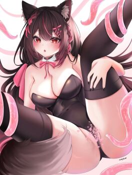 1girl animal_ear_fluff black_choker black_hair black_nails black_thighhighs blush braid breasts choker collar commentary_request covered_navel detached_collar earrings hair_ribbon highres jewelry korean_commentary krashena leotard multicolored_hair open_mouth original pink_hair pink_ribbon red_eyes restrained ribbon signature solo strapless strapless_leotard streaked_hair tail tentacles thighhighs white_collar