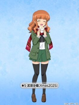 1girl artist_request black_sailor_collar black_thighhighs blue_background brown_hair brown_shoes closed_eyes closed_mouth food full_body girls_und_panzer green_jacket green_skirt holding jacket long_hair official_art open_mouth red_scarf sailor_collar scarf school_uniform shirt shoes simple_background skirt smile solo standing takebe_saori thighhighs white_shirt