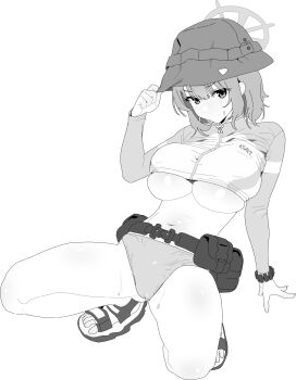 1girl absurdres belt bikini blue_archive boonie_hat breasts greyscale halo hat highres large_breasts mochui monochrome off-shoulder_one-piece_swimsuit off_shoulder one-piece_swimsuit saki_(blue_archive) saki_(swimsuit)_(blue_archive) sandals spread_legs swimsuit underboob utility_belt