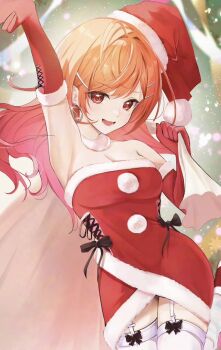 1girl armpits bare_shoulders black_bow bow bow_legwear breasts choker christmas christmas_tree cleavage commentary_request dress earrings elbow_gloves fur-trimmed_choker fur-trimmed_gloves fur-trimmed_headwear fur_trim gloves hair_ornament hairclip hat highres holding holding_sack hololive hololive_english ichijou_ririka jewelry large_breasts long_hair looking_at_viewer mohejiillust open_mouth orange_hair parallel_hairclips pom_pom_(clothes) red_dress red_eyes red_gloves red_hat sack santa_costume santa_dress santa_hat smile solo thighhighs upper_body white_choker white_thighhighs