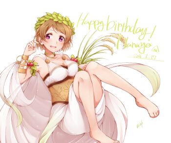 10s 1girl :d armband artist_name bare_shoulders barefoot bracelet breasts brown_hair cape character_name cleavage collarbone dated dress feet female_focus food happy_birthday hatagaya jewelry koizumi_hanayo laurel_wreath legs love_live! love_live!_school_idol_festival love_live!_school_idol_project medium_breasts olive_wreath onigiri open_mouth purple_eyes rice see-through_clothes short_hair signature simple_background smile solo white_background