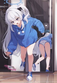 1girl accidental_exposure ass blue_archive blue_eyes blue_footwear blue_hair blue_halo blue_hoodie blue_trimmed_panties cellphone clothes_hanger commentary_request cross-laced_footwear dropped_object full_body halo highres hood hood_down hoodie light_blue_hair long_hair long_sleeves looking_down mirror mirror_reflection miyako_(blue_archive) miyako_(young)_(blue_archive) no_pants official_alternate_costume one_side_up open_mouth panties phone polka_dot polka_dot_panties pom_pom_(clothes) puffy_long_sleeves puffy_sleeves reflection reflective_floor ripnte solo standing standing_on_one_leg trimmed_panties underwear very_long_hair white_panties