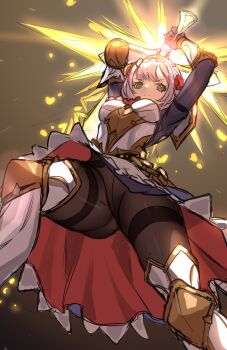 1girl arm_armor armor armored_dress arms_up artist_name ascot ass black_gloves black_pantyhose boobplate braid breastplate breasts brown_background closed_mouth commentary dress english_commentary enma_(enmanuelart) eyelashes feet_out_of_frame flower flower_hairpin from_below frown genshin_impact gloves glowing glowing_sword glowing_weapon greatsword green_eyes grey_hair highres holding holding_sword holding_weapon knee_armor light_particles looking_at_viewer looking_down maid maid_headdress medium_breasts medium_hair noelle_(genshin_impact) pantyhose red_ascot red_flower red_rose red_skirt rose skirt solo sword unfinished watermark weapon white_armor