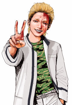 Rule 34 | 1boy, black eyes, bleeding, blonde hair, blood, blood from forehead, blood on face, blood on hands, camouflage, camouflage shirt, character request, copyright request, cowboy shot, delinquent, gold necklace, green shirt, grin, half-closed eyes, hand in pocket, highres, jacket, jewelry, looking at viewer, male focus, multicolored hair, necklace, open clothes, open jacket, pants, pompadour, roots (hair), shirt, short hair, simple background, smile, solo, standing, v, white background, white jacket, white pants, wymaaa