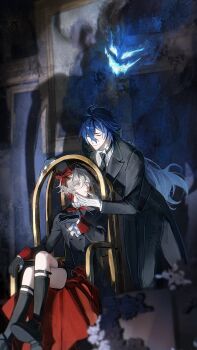 2boys absurdres black_gloves blue_hair closed_eyes closed_mouth commentary crossed_bangs crossed_legs english_commentary flins_(genshin_impact) genshin_impact gloves hat highres illuga_(genshin_impact) kuroshitsuji leaning_forward looking_at_another male_focus moonya multiple_boys red_ribbon ribbon sitting smile watermark white_gloves