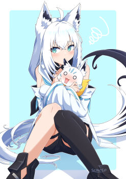 1girl ahoge animal_ear_fluff animal_ear_piercing animal_ears aqua_eyes aqua_neckerchief aqua_trim black_shorts black_thighhighs blush braid breasts commentary_request detached_sleeves fox_ears fox_girl fox_tail highres hololive hug hug_from_behind long_sleeves looking_at_viewer medium_breasts neckerchief pentagram semeto_(a2439x) shirakami_fubuki shirakami_fubuki_(1st_costume) shirt short_shorts shorts side_braid simple_background single_braid single_thighhigh sitting sukonbu_(shirakami_fubuki) tail thighhighs virtual_youtuber white_background white_shirt wide_sleeves