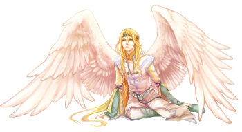 Rule 34 | 1boy, bishounen, blonde hair, circlet, closed mouth, commentary, feathered wings, fire emblem, fire emblem: radiant dawn, green eyes, highres, lips, long hair, male focus, memoli, nintendo, reyson (fire emblem), simple background, solo, very long hair, white background, wings