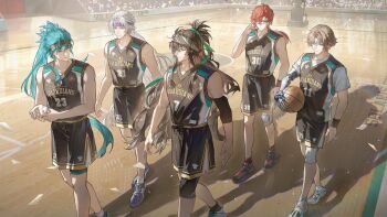 5boys ball basketball basketball_(object) basketball_uniform black_hair black_hairband black_shirt black_shorts brown_hair calcharo_(wuthering_waves) chinese_commentary commentary_request green_hair grey_hair guest_art hairband holding holding_ball indoors jiyan_(wuthering_waves) logo long_hair looking_at_another male_focus ming_zhentan_allk mortefi_(wuthering_waves) multiple_boys official_art ponytail purple_hairband qiuyuan_(wuthering_waves) red_hair shirt short_hair shorts sportswear very_long_hair wuthering_waves xiangli_yao_(wuthering_waves)