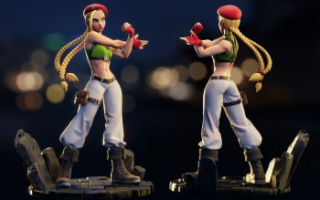 1girl 3d absurdres ahoge ass baggy_pants beret black_footwear blue_eyes boots braid breasts cammy_white casual clenched_hand combat_boots commentary crop_top dan_eder english_commentary facial_scar flat_ass gloves grey_pants halterneck harness hat highres huge_ahoge lace-up_boots lips long_hair low-tied_long_hair multiple_views navel nose pants pouch red_gloves scar scar_on_cheek scar_on_face small_breasts standing stomach street_fighter stretching thigh_pouch toned turnaround twin_braids