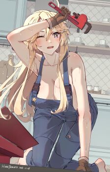 1girl bare_shoulders blonde_hair blue_eyes blue_overalls blush breasts brown_gloves cleavage collarbone gloves hair_between_eyes highres himeyamato holding holding_wrench iowa_(kancolle) kantai_collection kneeling large_variant_set long_hair naked_overalls one_eye_closed open_mouth overalls solo star-shaped_pupils star_(symbol) sweat symbol-shaped_pupils toolbox variant_set wrench