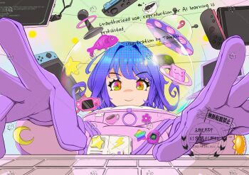 1girl astronaut blue_hair closed_mouth commentary_request commission computer eyebrows_hidden_by_hair game_boy gloves gradient_eyes hair_intakes handheld_game_console helmet highres laptop looking_at_viewer medium_hair multicolored_eyes nintendo_switch original purple_gloves skeb_commission smile solo space_helmet sticker tawasism typing upper_body