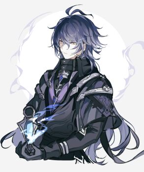 1boy antenna_hair black_coat black_gloves blue_fire blue_gem blue_hair chinese_commentary coat commentary_request cropped_torso fire flins_(genshin_impact) gem genshin_impact gloves gradient_hair hair_between_eyes high_collar highres holding holding_lantern lantern long_hair long_sleeves male_focus multicolored_hair simple_background solo strap vidoakdame white_background yellow_eyes