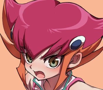 1girl :o brown_eyes commentary_request hair_ornament hairclip kouzuki_anna looking_at_viewer multicolored_hair open_mouth orange_hair pink_hair short_hair solo two-tone_hair v-shaped_eyebrows yoshikage_(yo4kage) yu-gi-oh! yu-gi-oh!_zexal