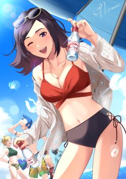 2girls 3boys amano_maya aznmeee black_hair blonde_hair blue_hair breasts brown_hair cleavage cloud highres jewelry kurosu_jun lips lisa_silverman long_hair looking_at_viewer medium_breasts mishina_eikichi multiple_boys multiple_girls necklace one_eye_closed open_mouth persona persona_2 persona_2_tsumi purple_eyes short_hair smile suou_tatsuya