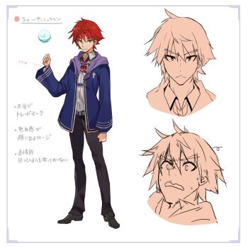 1boy ascot belt blue_robe buta_koushaku character_name clenched_hands closed_mouth collared_shirt commentary_request crystal_ball full_body grey_belt grey_pants hand_up hooded_robe long_sleeves nauribon official_art open_mouth pants red_ascot red_hair robe school_uniform shirt short_hair shuya_nyukern sketch smile standing tachi-e translation_request tsurime upper_body v-shaped_eyebrows wavy_mouth white_background white_shirt wide-eyed