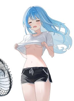 1girl absurdres arahashi_tabi black_shorts blue_hair blush breasts closed_eyes clothes_lift collarbone commentary cowboy_shot dolphin_shorts electric_fan highres lifting_own_clothes long_hair medium_breasts navel nbee_ya no_bra open_mouth shirt shirt_lift short_sleeves shorts simple_background solo stellive stomach sweatdrop t-shirt untranslatable_commentary virtual_youtuber white_background white_shirt