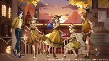 2boys 3girls :o ankle_boots aoyagi_touya autumn_leaves azusawa_kohane bare_shoulders bench black_hair black_pants black_shoes blonde_hair blue_eyes blue_hair boater_hat boots bow bow_choker bracelet brown_boots brown_choker brown_pants brown_sash brown_shoes building butterfly_hair_ornament choker clock clock_tower clothing_cutout cloud collared_shirt copyright_notice detached_sleeves dress earrings flower flower_earrings flower_necklace frilled_dress frilled_shirt_collar frilled_skirt frills full_body gradient_hair green_eyes grey_shoes hair_between_eyes hair_flower hair_ornament hair_ribbon hairclip hand_on_own_chest hand_up hat hat_bow high-waist_skirt highres jacket jewelry kagamine_rin lace-up_boots leaf long_hair long_sleeves looking_ahead looking_back looking_to_the_side mountain multicolored_hair multiple_boys multiple_girls multiple_rings necklace official_art open_clothes open_collar open_jacket orange_hair pants pants_rolled_up parted_lips peter_pan_collar profile project_sekai puffy_short_sleeves puffy_sleeves railing ribbon ring shinonome_akito shiraishi_an shirt shoes short_hair short_sleeves short_twintails shoulder_cutout shunka_tunacan sitting skirt sleeveless sleeveless_dress sneakers socks split-color_hair standing straw_hat streaked_hair sun_hat sunset sweater_vest swept_bangs tower train tree turtleneck twintails two-tone_hair vivid_bad_squad_(project_sekai) wavy_hair white_shirt white_socks yellow_dress yellow_eyes yellow_jacket yellow_skirt yellow_sweater_vest