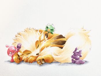 Rule 34 | absurdres, animal, arcanine, capsakid, closed eyes, dog, gen 1 pokemon, gen 8 pokemon, highres, hugging another's tail, hugging tail, lying, nintendo, no humans, orange fur, pokemon, pokemon (creature), sleeping, tail, tinkatink, toxel, uri pkmn, white background