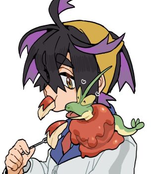 1boy ^_^ apple apple_rabbit azukimomonaka black_hair blue_shirt closed_eyes commentary_request crossed_bangs dipplin eating food food_art food_in_mouth fork fruit hair_over_one_eye hairband heart highres holding holding_fork jacket kieran_(pokemon) long_sleeves male_focus multicolored_hair nintendo on_shoulder open_mouth orange_eyes orange_hairband pokemon pokemon_(creature) pokemon_on_shoulder pokemon_sv purple_hair shirt simple_background white_background white_jacket